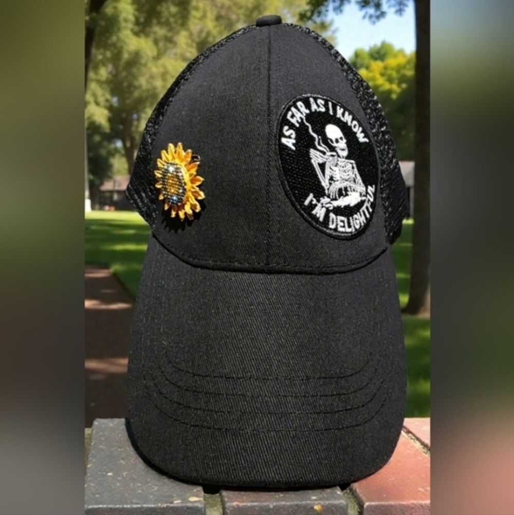 Upcycled Women's Black Trucker Hat With Sunflower Brooch
